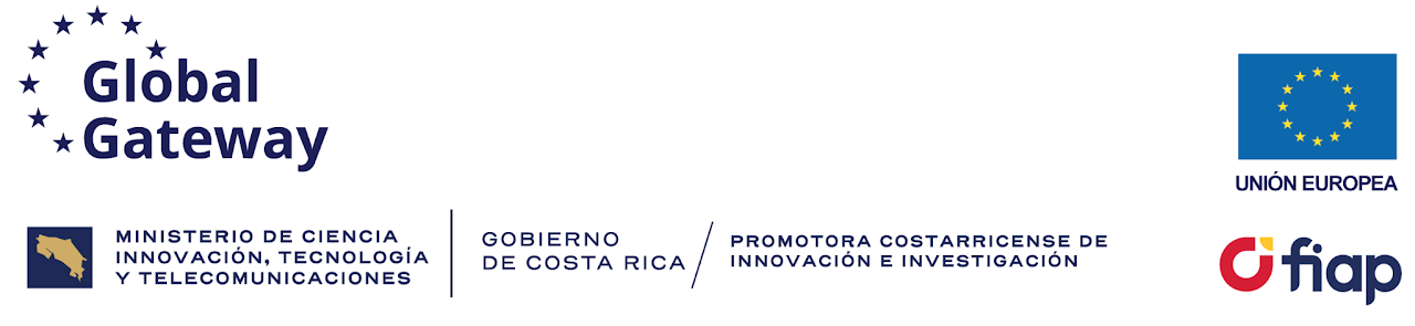 Logos: Global Gateway, Unión Europea, MICITT, Promotora Costarricense de Innovación e Investigación, Gobierno de Costa Rica, FIAP
